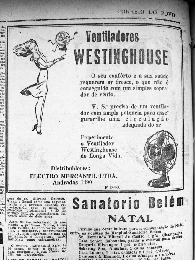 Anúncio de ventiladores Westinghouse. Correio do Povo, Novembro-Dezembro de 1941. Museu de Comunicação Social Hipólito José da Costa.