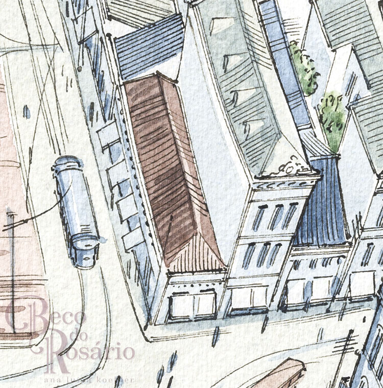 Outro desenho da Casa Carvalho na HQ "Beco do Rosário". Desenho da pesquisadora, 2019.