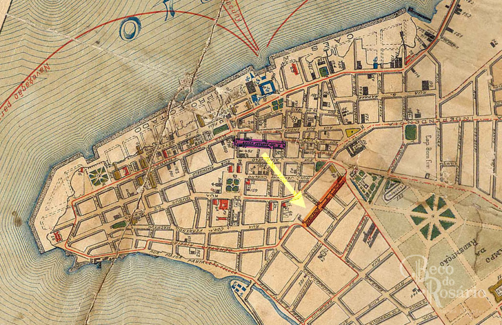 Planta de Porto Alegre de 1906. Mapoteca do IHGRGS. Em roxo, a rua Nova ou Andrade Neves. Em laranja, o Beco do Oitavo.