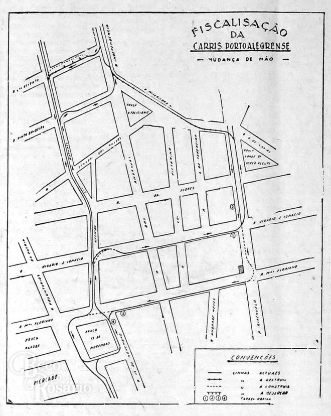 "No trafego de vehiculos, a mão será mudada para a direita". Correio do Povo, 07/11/1929. Hemeroteca do Arquivo Histórico Municipal Moysés Vellinho. Detalhe.