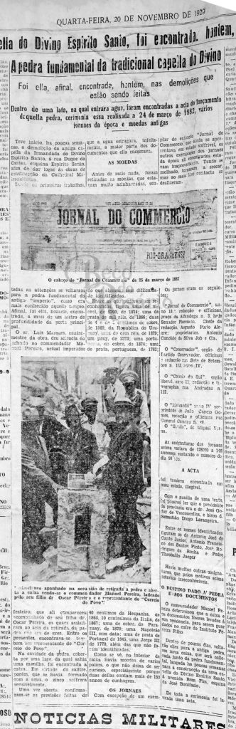 "A pedra fundamental da capela do Divino..." Correio do Povo, 20/11/1929, p. 8. Hemeroteca do Arquivo Histórico Municipal Moysés Vellinho.