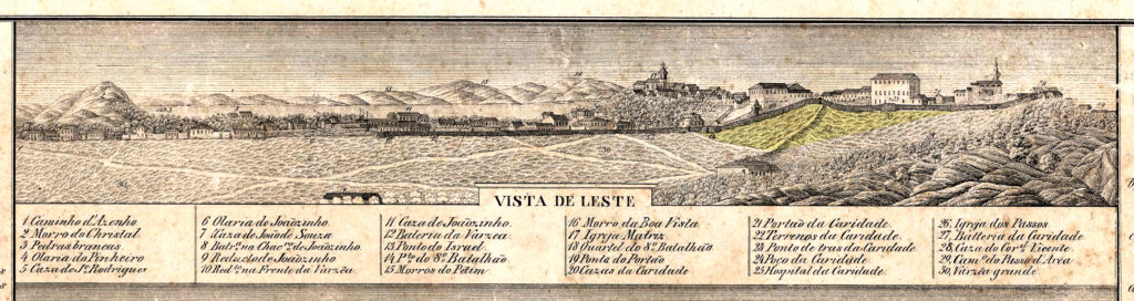 Localização aproximada da Praça Argentina (em amarelo) na vista do leste da Planta de Porto Alegre de L. P. Dias, de 1839. IHGRGS. Detalhe. 