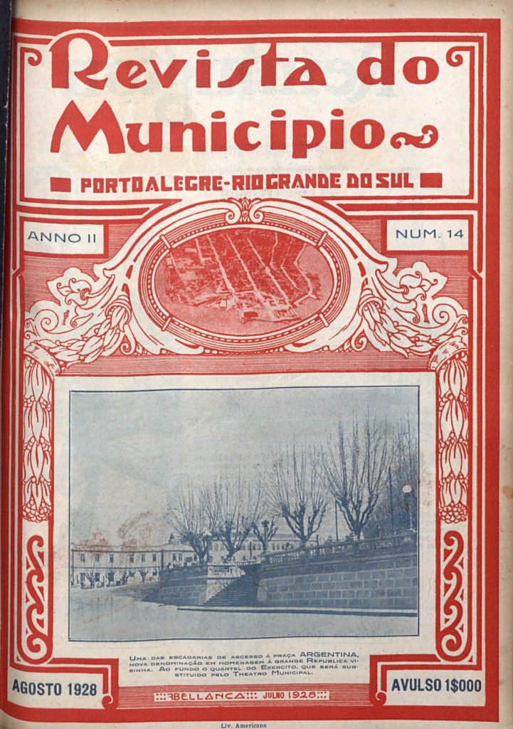 Foto dos muros e escadaria de acesso à Praça Argentina na capa da Revista do Município, 1928, Ed00014. Hemeroteca da BNDigital.