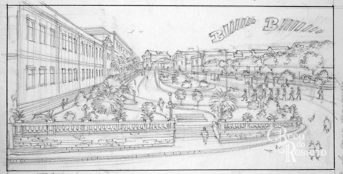 Reconstrução de vista da Praça Argentina a partir da avenida João Pessoa na página 34 da história em quadrinhos "Viaduto".