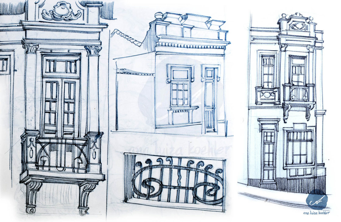 Estudos de arquitetura de Porto Alegre na rua Duque de Caxias em sketchbook de 2017-2018.