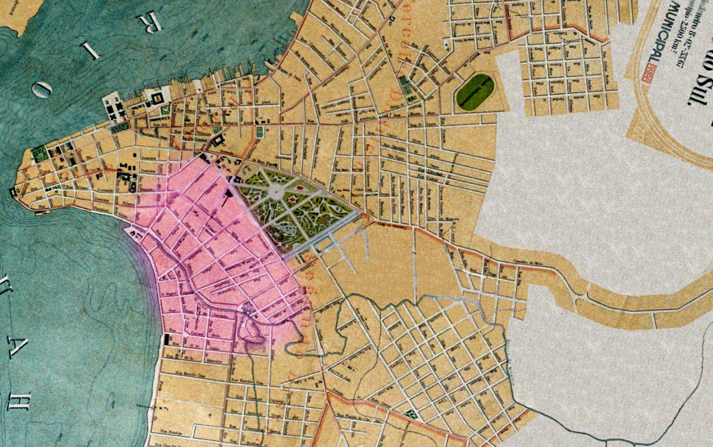 Planta de Porto Alegre de 1916, IHGRGS. A marcação em rosa indica a área da Cidade Baixa. Edição da pesquisadora.