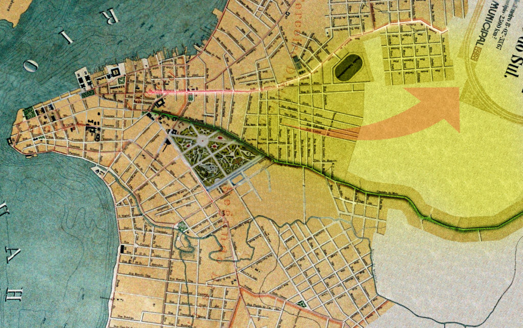 Planta de Porto Alegre de 1916, IHGRGS. A marcação em amarelo indica a área da Colônia Africana, e a seta o seu sentido de deslocamento ao longo do século XX. Edição da pesquisadora.
