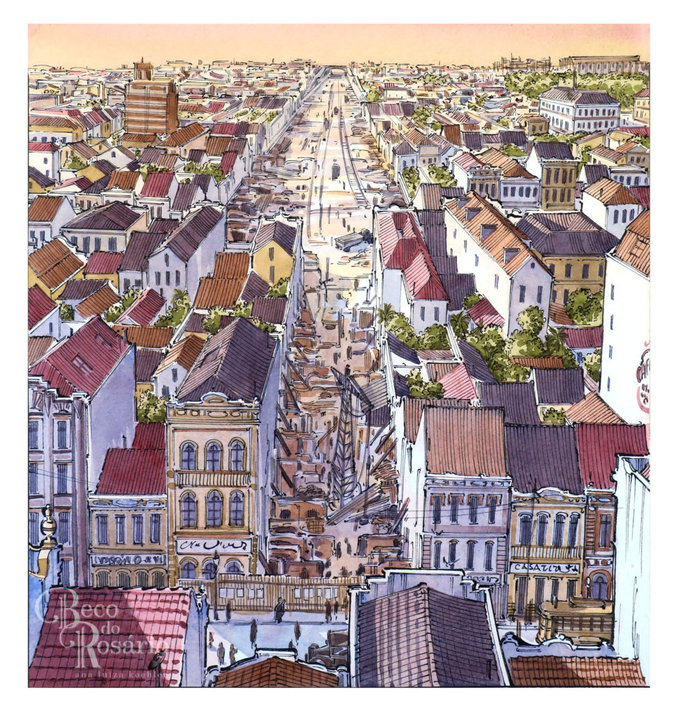 Detalhe da página 8 da história em quadrinhos "Viaduto" mostrando uma perspectiva aérea de como teria sido a paisagem urbana com a avenida Borges de Medeiros e o "gargalo" para a rua da Praia. Bico de pena e aquarela da autora, 2022-23.