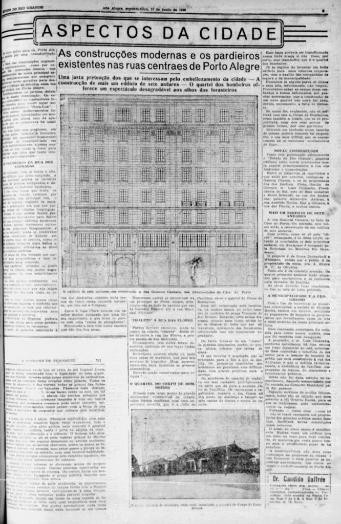 “As construções modernas e os pardieiros”. Estado do Rio Grande, 16/06/1930, p. 9. Ed. 00224, hemeroteca digital da Biblioteca Nacional