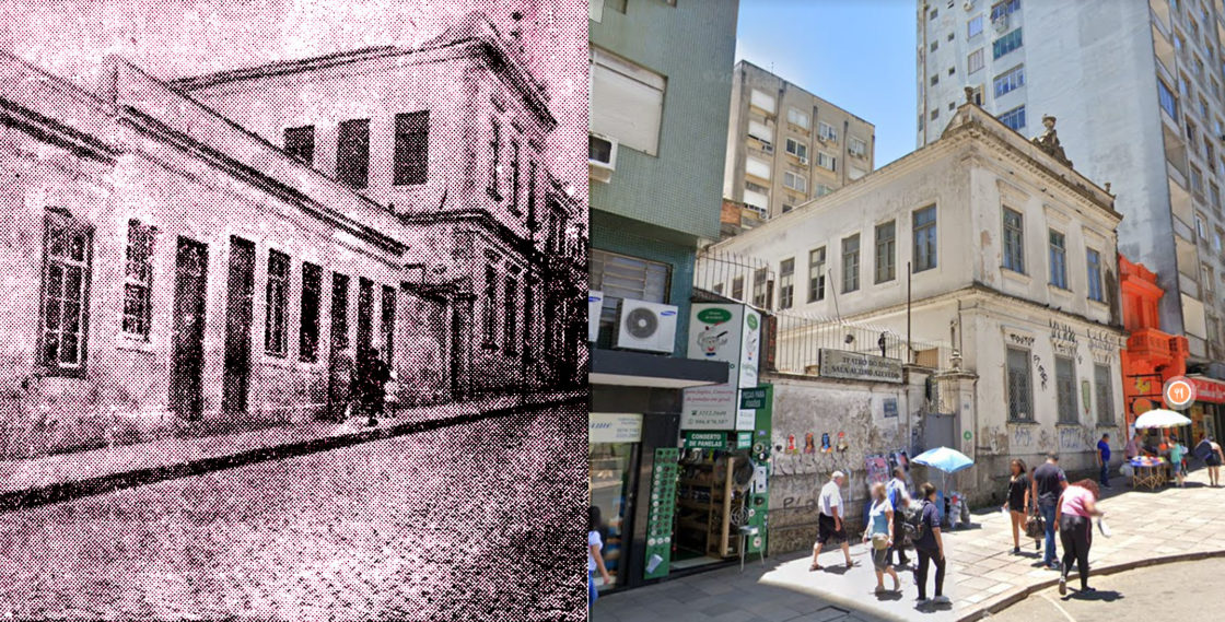 À esquerda, a fotografia da travessa 2 de Fevereiro que ilustra a reportagem com o casarão e o pequeno sobrado ao fundo. À direita, o mesmo casarão e pequeno sobrado nos dias de hoje à avenida Salgado Filho. Imagem do Google Maps, 2023.