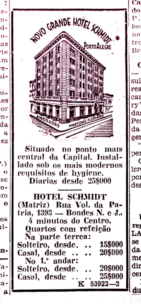 Anúncio do "Novo Grande Hotel Schmidt" na edição de 08/10/1931, p. 2. Arquivo Histórico Municipal de Porto Alegre Moysés Vellinho.