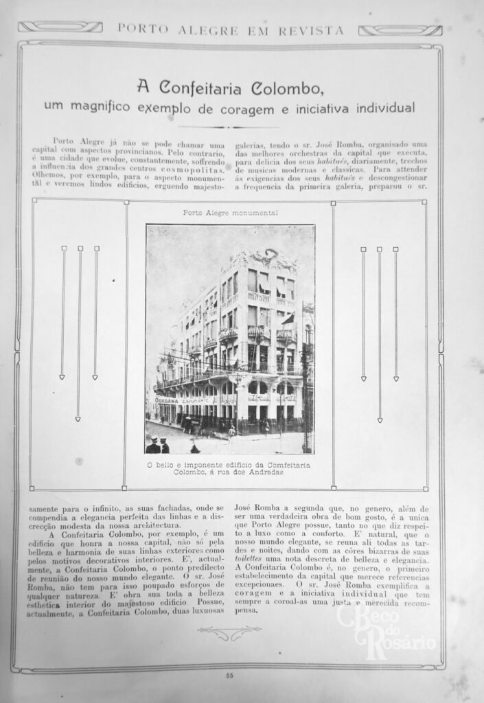 A confeitaria Colombo na década de 1920. CARRICONDE, Clodoymiro. Porto Alegre em revista, 1926. Coleção Rio Grande do Sul da Biblioteca Pública do Estado do Rio Grande do Sul.